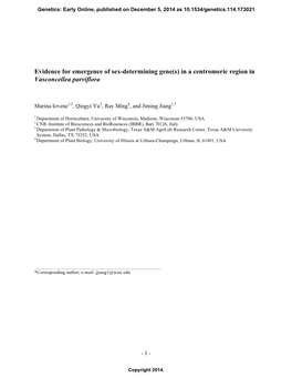 Evidence for Emergence of Sex-Determining Gene(S) in a Centromeric Region in Vasconcellea Parviflora