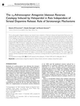 The A2-Adrenoceptor Antagonist Idazoxan Reverses Catalepsy Induced by Haloperidol in Rats Independent of Striatal Dopamine Release: Role of Serotonergic Mechanisms