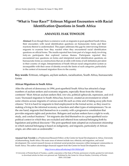 “What Is Your Race?” Eritrean Migrant Encounters with Racial Identification Questions in South Africa