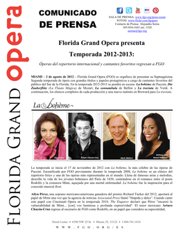 Florida Grand Opera Presenta Temporada 2012-2013