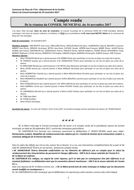 Compte Rendu De La Réunion Du CONSEIL MUNICIPAL Du 16 Novembre 2017