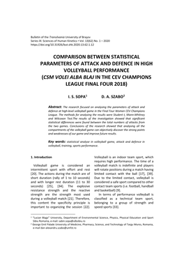 Comparison Between Statistical Parameters of Attack and Defence in High Volleyball Performance (Csm Volei Alba Blaj in the Cev Champions League Final Four 2018)