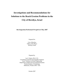 Investigations and Recommendations for Solutions to the Beach Erosion Problems in the City of Herzliya, Israel