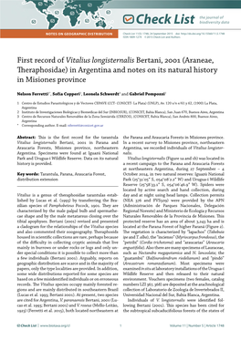 Vitalius Longisternalis Bertani, 2001 (Araneae, Theraphosidae) in Argentina and Notes on Its Natural History in Misiones Province