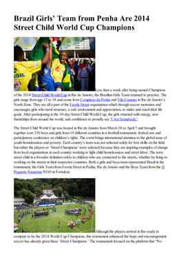 Brazil Girls' Team from Penha Are 2014 Street Child World Cup Champions