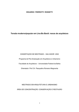 Tensão Moderno/Popular Em Lina Bo Bardi: Nexos De Arquitetura