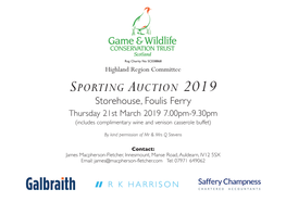 SPORTING AUCTION 2019 Storehouse, Foulis Ferry Thursday 21St March 2019 7.00Pm-9.30Pm (Includes Complimentary Wine and Venison Casserole Buffet)