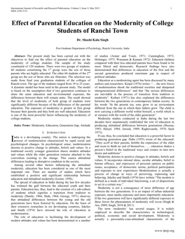 Effect of Parental Education on the Modernity of College Students of Ranchi Town