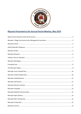 Reports Presented to the Annual Parish Meeting May 2016