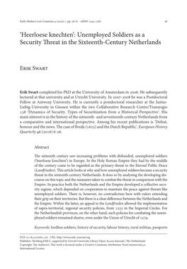Heerloese Knechten’: Unemployed Soldiers As a Security Threat in the Sixteenth-Century Netherlands