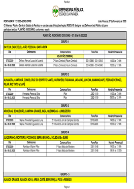 PLANTÃO JUDICIÁRIO DOS DIAS 07. 08 E 09.02.2020