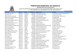 PREFEITURA MUNICIPAL DE JOINVILLE SECRETARIA DE EDUCAÇÃO Lista De Pré-Classificação De Crianças De 0 a 3 Anos Para Educação Infantil - ANO LETIVO 2018