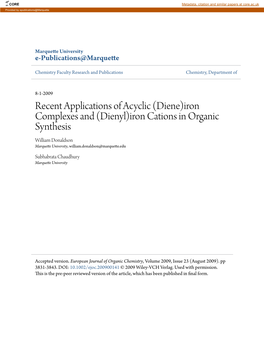 Iron Complexes and (Dienyl)Iron Cations in Organic Synthesis William Donaldson Marquette University, William.Donaldson@Marquette.Edu