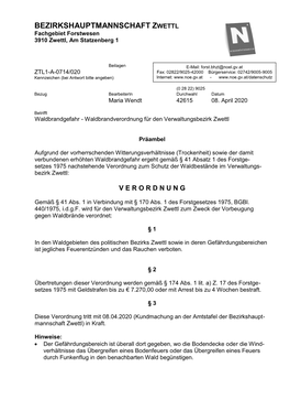 BEZIRKSHAUPTMANNSCHAFT ZWETTL Fachgebiet Forstwesen 3910 Zwettl, Am Statzenberg 1