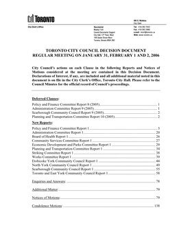 Toronto City Council Decision Document Regular Meeting on January 31, February 1 and 2, 2006