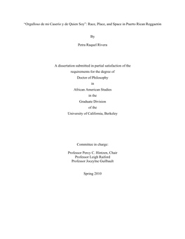 “Orgulloso De Mi Caserío Y De Quien Soy”: Race, Place, and Space in Puerto Rican Reggaetón by Petra Raquel Rivera a Disser