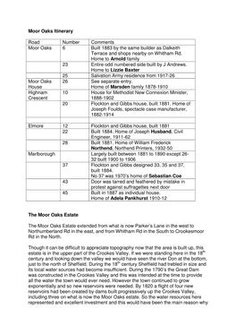 Moor Oaks Itinerary