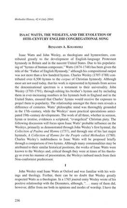 Isaac Watts, the Wesleys, and the Evolution of 18Th-Century English Congregational Song