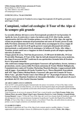 Campioni, Valori Ed Ecologia: Il Tour of the Alps Si Fa Sempre Più Grande