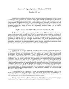 Beethoven's Expanding Orchestral Horizons, 1795-1800 Theodore Albrecht Haydn's Concert in the Kleiner Redoutensaal, December