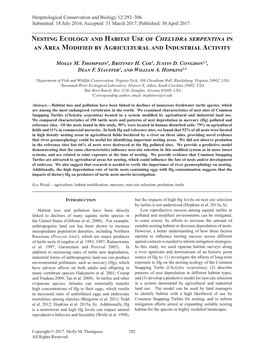 Nesting Ecology and Habitat Use of Chelydra Serpentina in an Area Modified by Agricultural and Industrial Activity