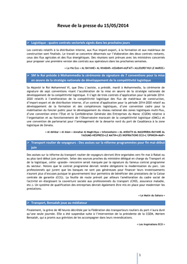 Revue De La Presse Du 15/05/2014