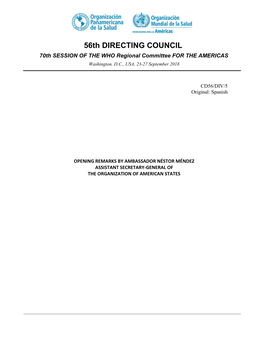 56Th DIRECTING COUNCIL 70Th SESSION of the WHO Regional Committee for the AMERICAS Washington, D.C., USA, 23-27 September 2018