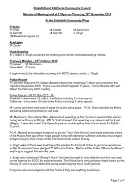 Page 1 of 7 Shieldhill and California Community Council Minutes of Meeting Held at 7.30Pm on Thursday, 28 November 2019 at the S