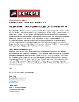 Chl Statement: 2019-20 Season Paused Until Further Notice