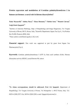 Protein Expression and Modulation of Carnitine Palmitoyltransferase I in Human Carcinomas: a Novel Role in Histone Deacetylation?