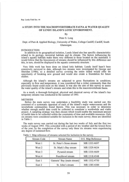 A STUDY INTO the MACROINVERTEBRATEFAUNA & WATER Quaqty of LUNDY ISLAND's LOTIC ENVIRONMENT