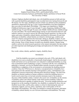 Disability, Identity, and Cultural Diversity Stephen French Gilson, Ph.D., and Elizabeth Depoy, Ph.D