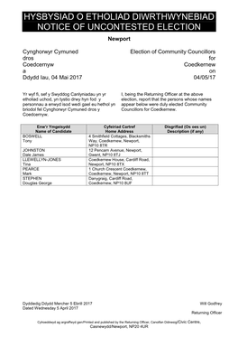 Notice of Uncontested Community Council Elections