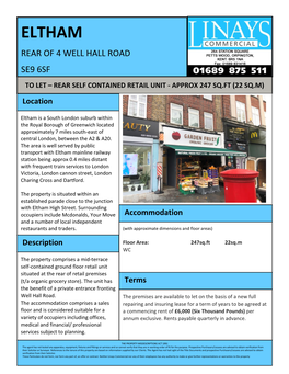 ELTHAM REAR of 4 WELL HALL ROAD SE9 6SF to LET – REAR SELF CONTAINED RETAIL UNIT - APPROX 247 SQ.FT (22 SQ.M) Location