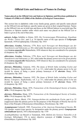 Official Lists and Indexes of Names in Zoology