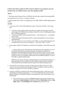 Evidence That Mazars and the ICAEW Cannot Be Objective in Assessing the Costs and Benefits of the Use of IFRS in the EU Since Their Adoption in 2005