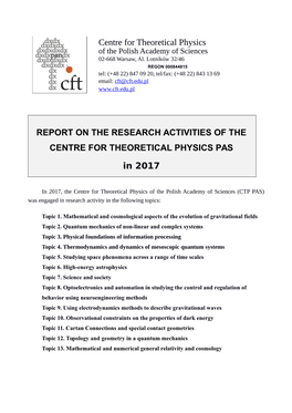 Report on the Research Activities of the Centre for Theoretical Physics Pas