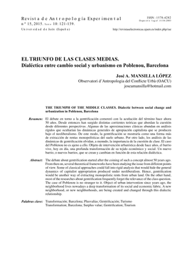 EL TRIUNFO DE LAS CLASES MEDIAS. Dialéctica Entre Cambio Social Y Urbanismo En Poblenou, Barcelona