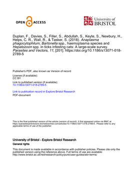 Anaplasma Phagocytophilum, Bartonella Spp., Haemoplasma Species and Hepatozoon Spp