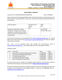 DOMESTIC Tender Ref. No: IITH/MAE/NISHANTH/2020/T006 Date