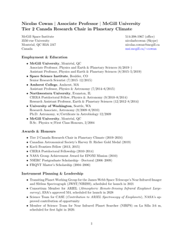 Mcgill University Tier 2 Canada Research Chair in Planetary Climate