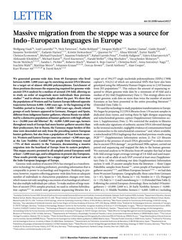 Massive Migration from the Steppe Was a Source for Indo-European Languages in Europe