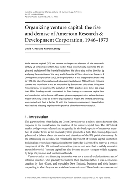Organizing Venture Capital: the Rise and Demise of American Research & Development Corporation, 1946–1973