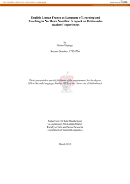 English Lingua Franca As Language of Learning and Teaching in Northern Namibia: a Report on Oshiwambo Teachers’ Experiences