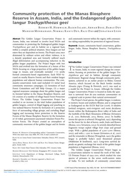 Community Protection of the Manas Biosphere Reserve in Assam, India, and the Endangered Golden Langur Trachypithecus Geei R Obert H