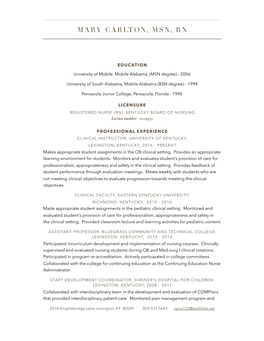 Mary Carlton's CV