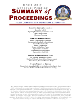 Meeting Minutes) Is Prepared by the Legislative Service Office (LSO) and Is the Official Record of the Proceedings of a Legislative Committee Meeting