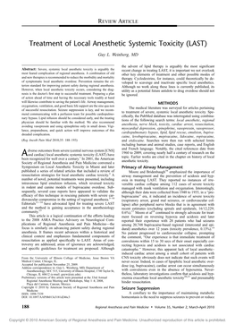 Treatment of Local Anesthetic Systemic Toxicity (LAST)