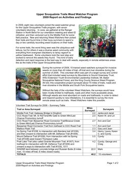 Upper Snoqualmie Trails Weed Watcher Program 2009 Report on Activities and Findings