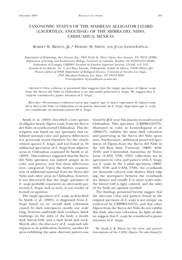 Taxonomic Status of the Madrean Alligator Lizard (Lacertilia: Anguidae) of the Sierra Del Nido, Chihuahua, Me´Xico